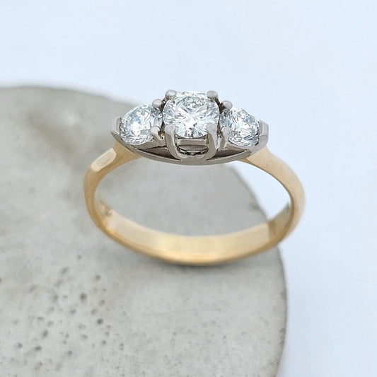 yellow and white gold classic three stone diamond ring