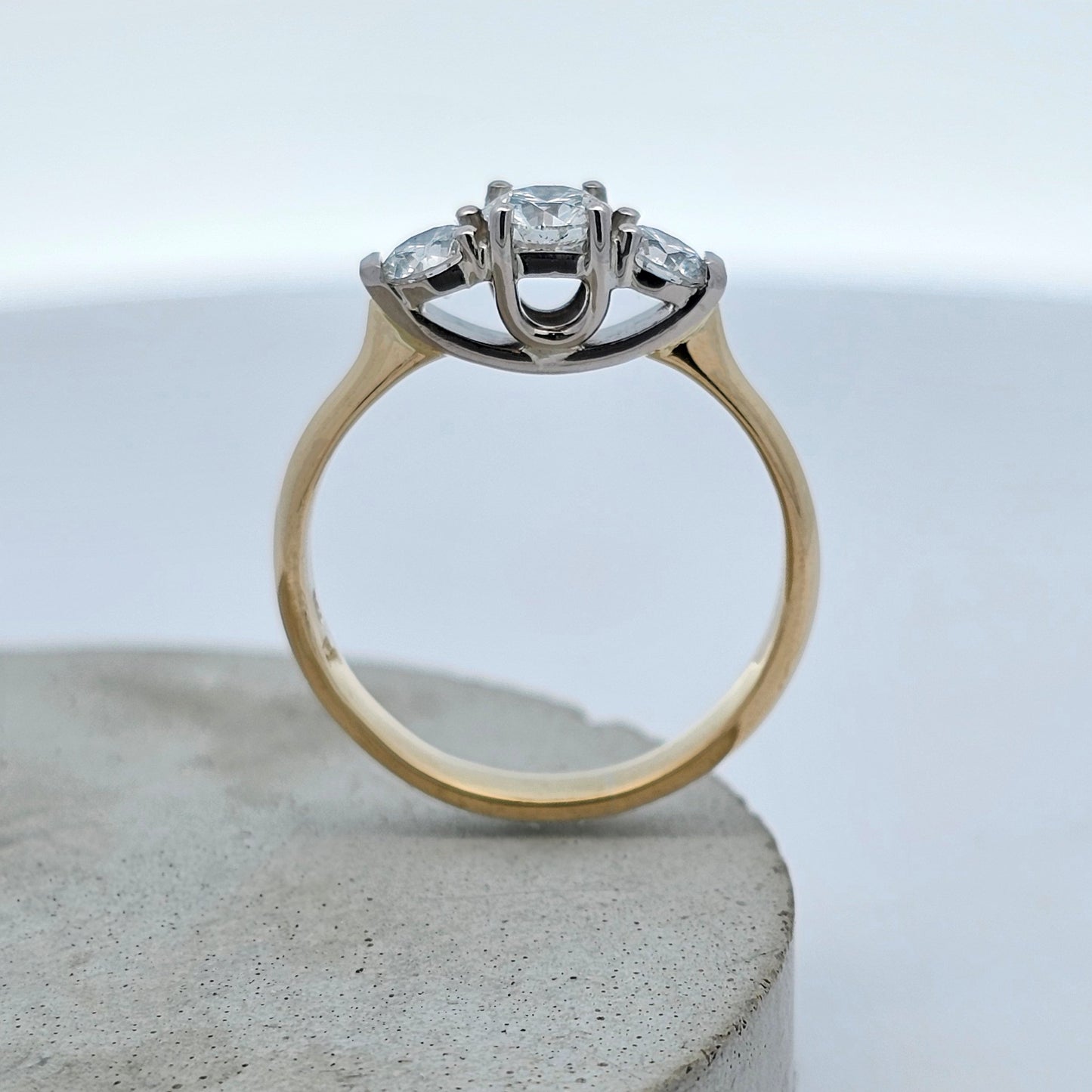 yellow and white gold classic three stone diamond ring