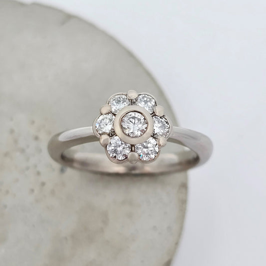 18ct white gold diamond cluster flower engagement ring