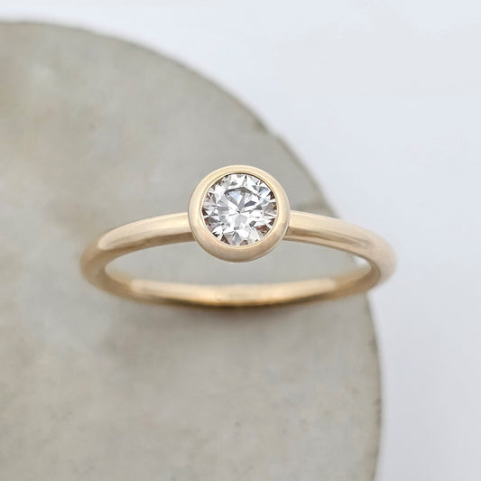 yellow gold brilliant cut diamond bezel set solitaire engagement ring