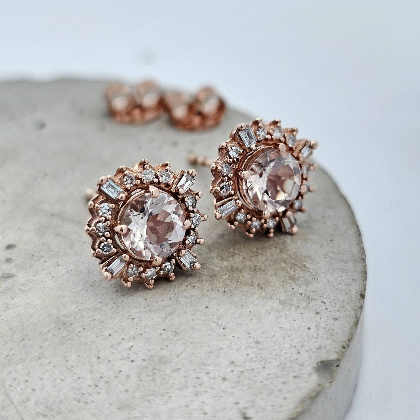 9ct rose gold morganite and diamond stud earrings