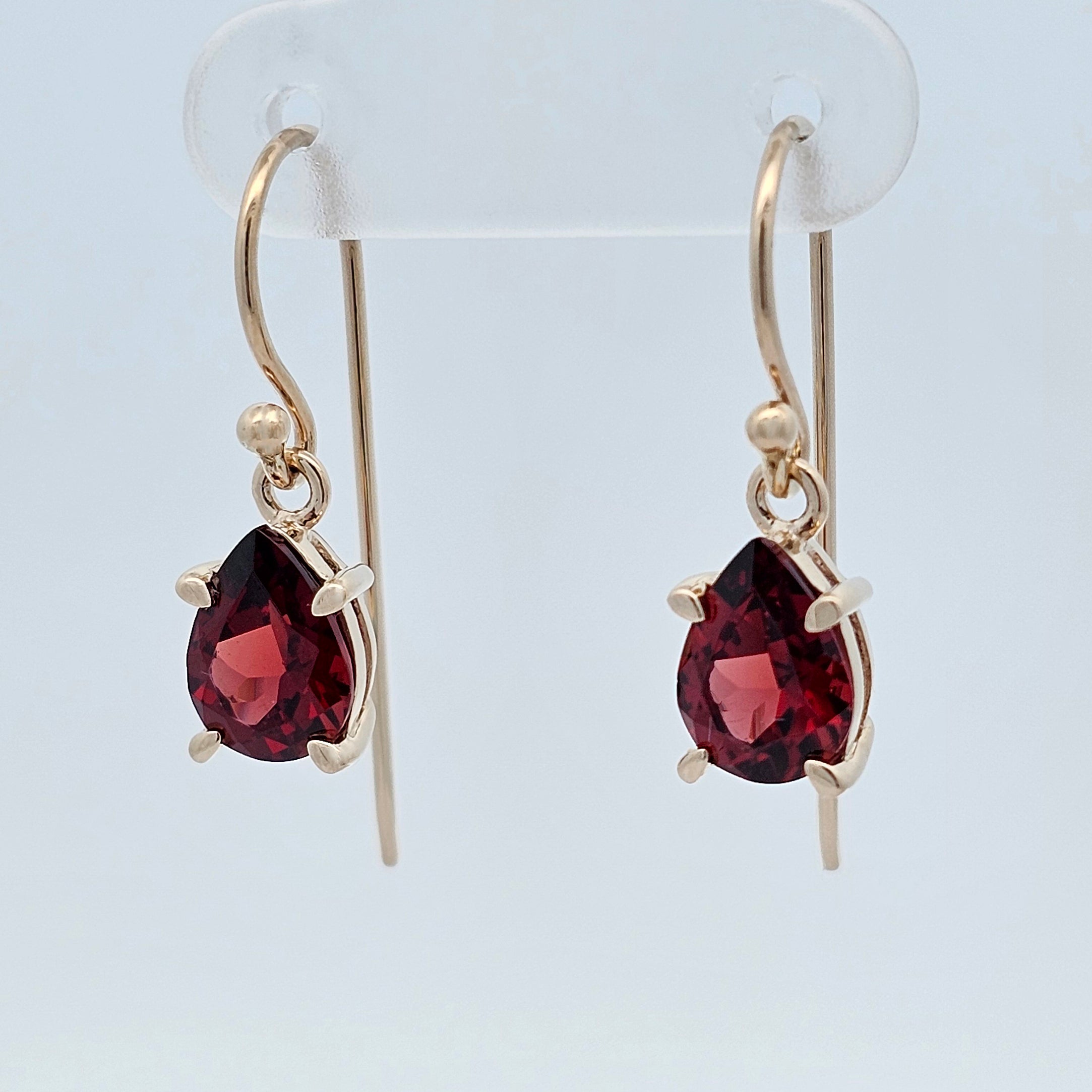 yellow gold pear drop african garnet threaded hook earrings