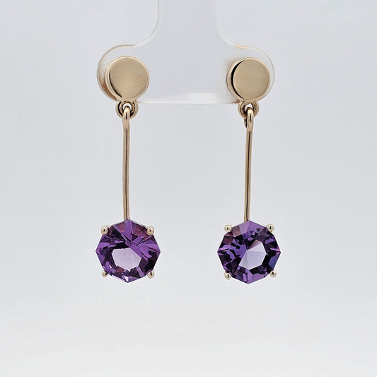 9ct yellow gold drop earrings set with hexagon amethyst
