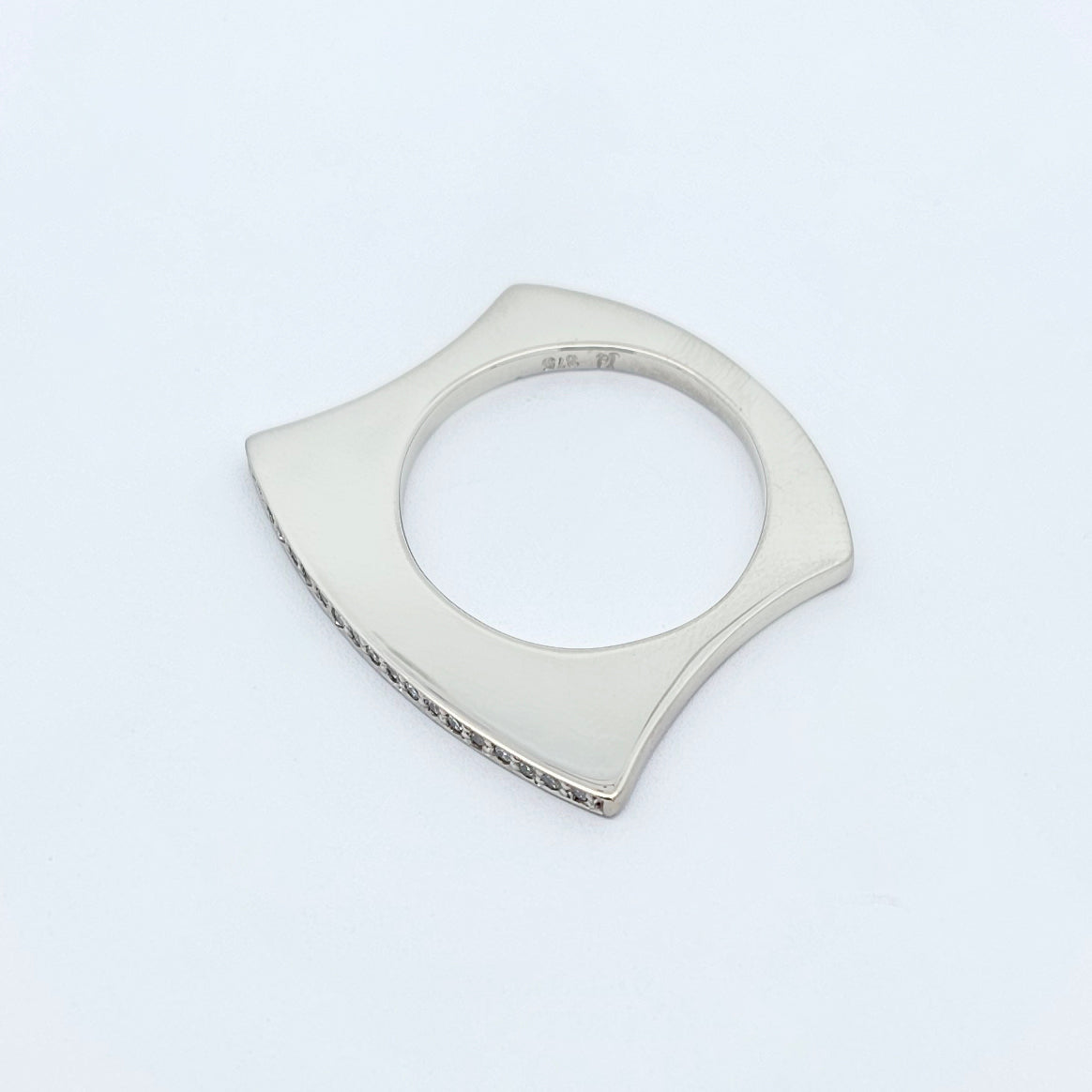 9ct white gold square fan shaped ring with a fine line of bead set bright white diamonds.