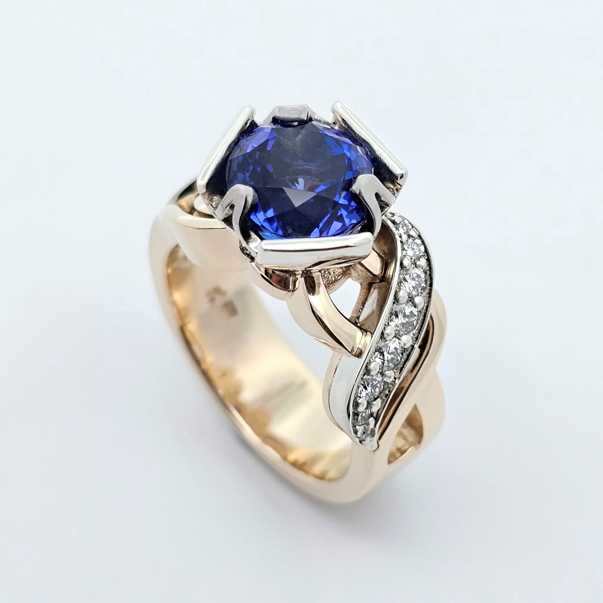yellow and white unique tanzanite ring with diamond accents