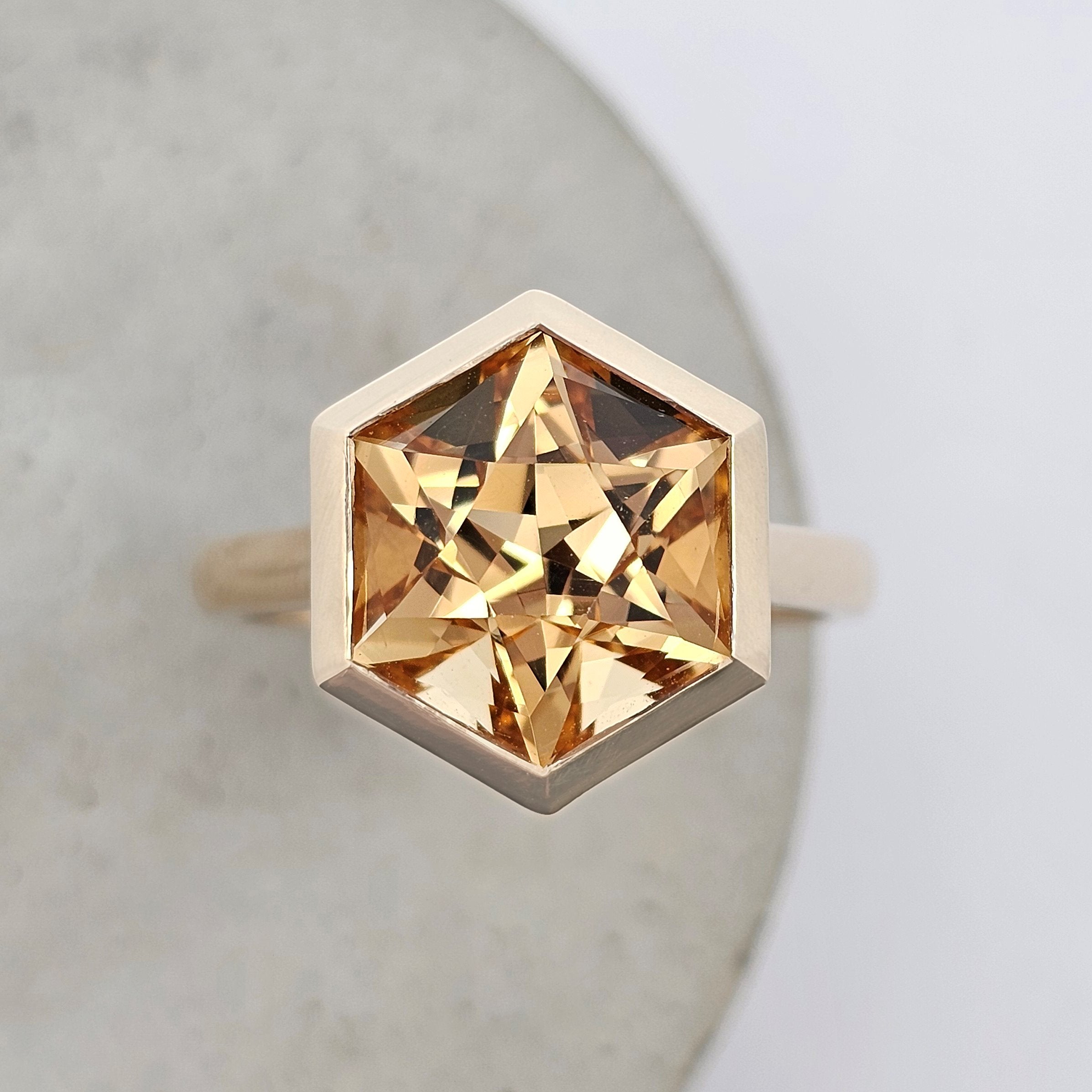 yellow gold unique hexagon star citrine ring