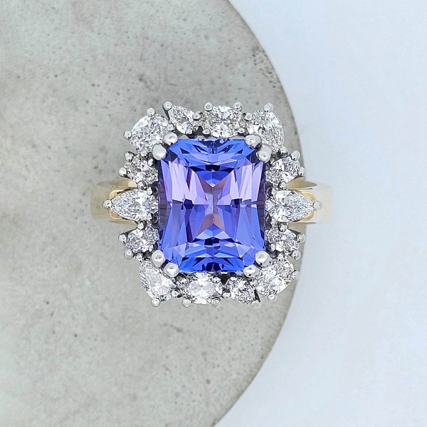 yellow and white gold rare tanzanite and diamond cluster ring