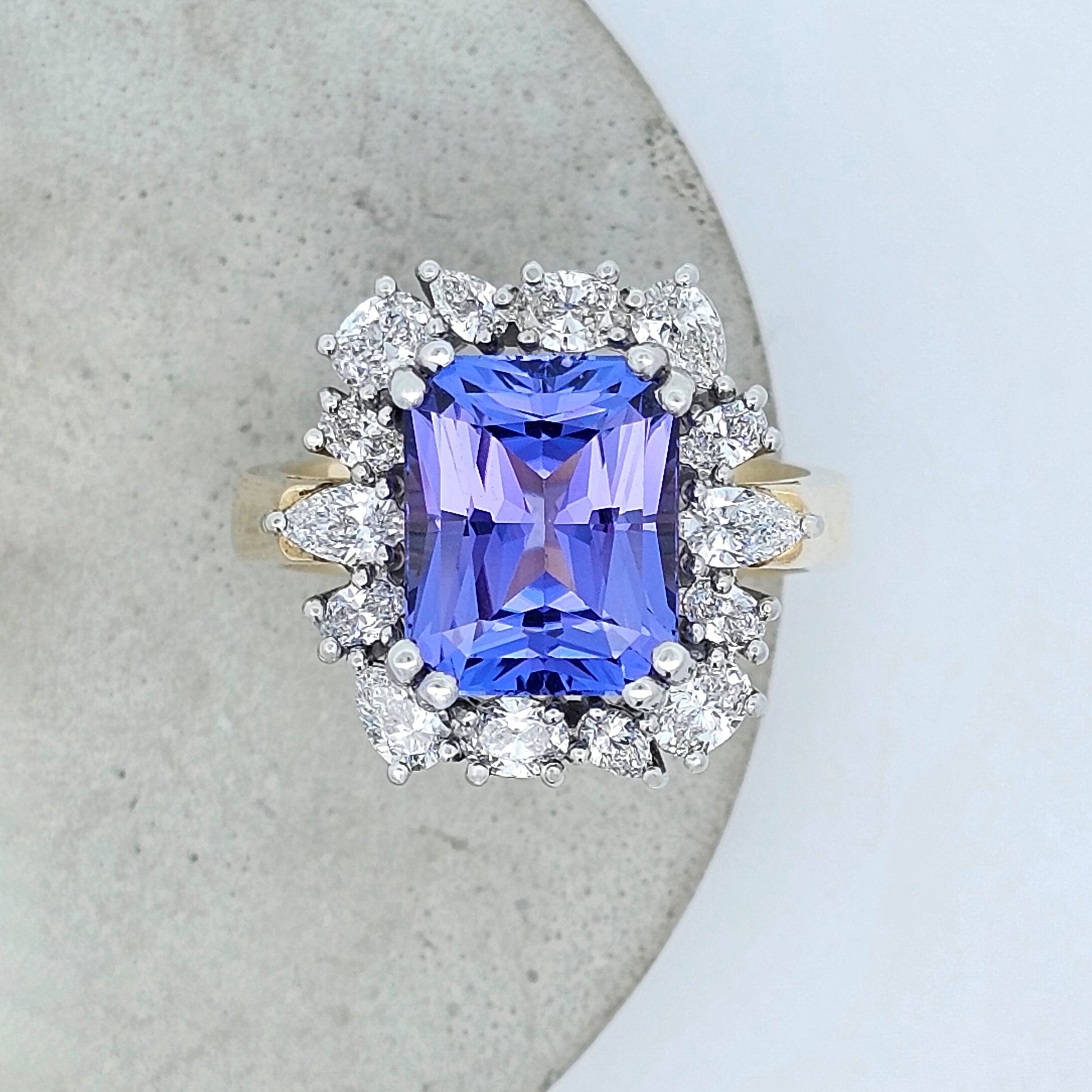 yellow and white gold rare tanzanite and diamond cluster ring