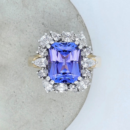 yellow and white gold rare tanzanite and diamond cluster ring