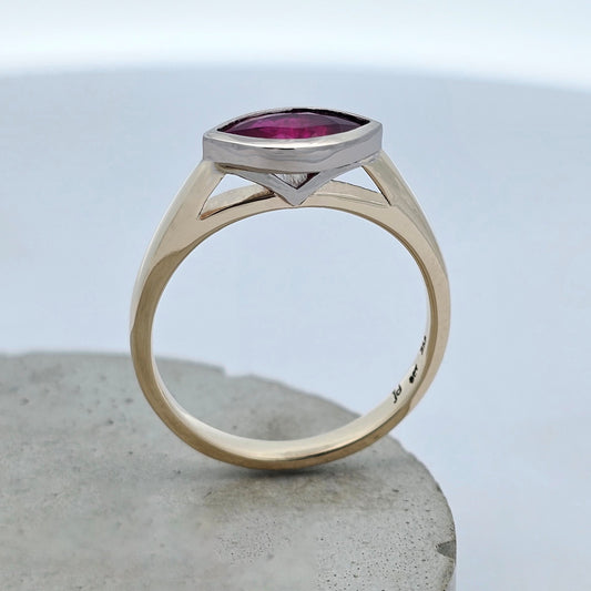 yellow and white marquise-cut Mozambique ruby set in a modern wedding anniversary engagement ring