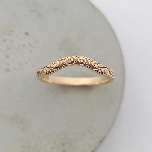 wedding ring; wedding rings; wedding band; wedding bands; yellow gold wedding ring; yellow gold wedding band; engraved wedding ring; engraved wedding band; fitted wedding ring, fitted wedding band; shaped wedding ring; shaped wedding band; curved wedding band; curved wedding ring; ladies wedding ring; ladies wedding band; womans wedding ring; womans wedding band