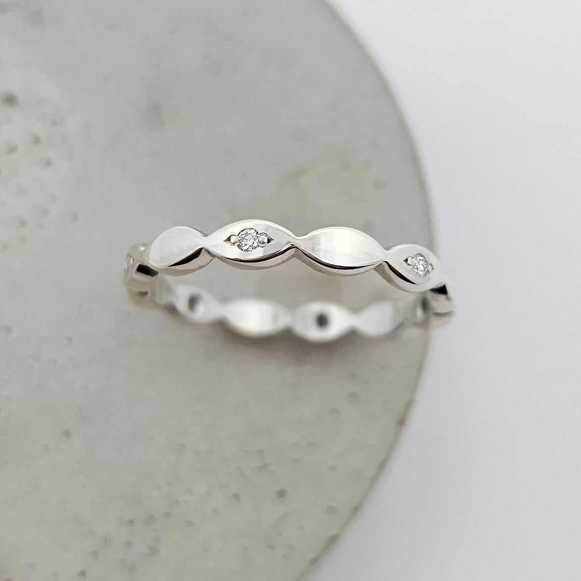 white gold scalloped diamond set stacker ring 