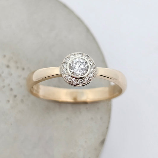 yellow and white gold dainty diamond cluster engagement ring