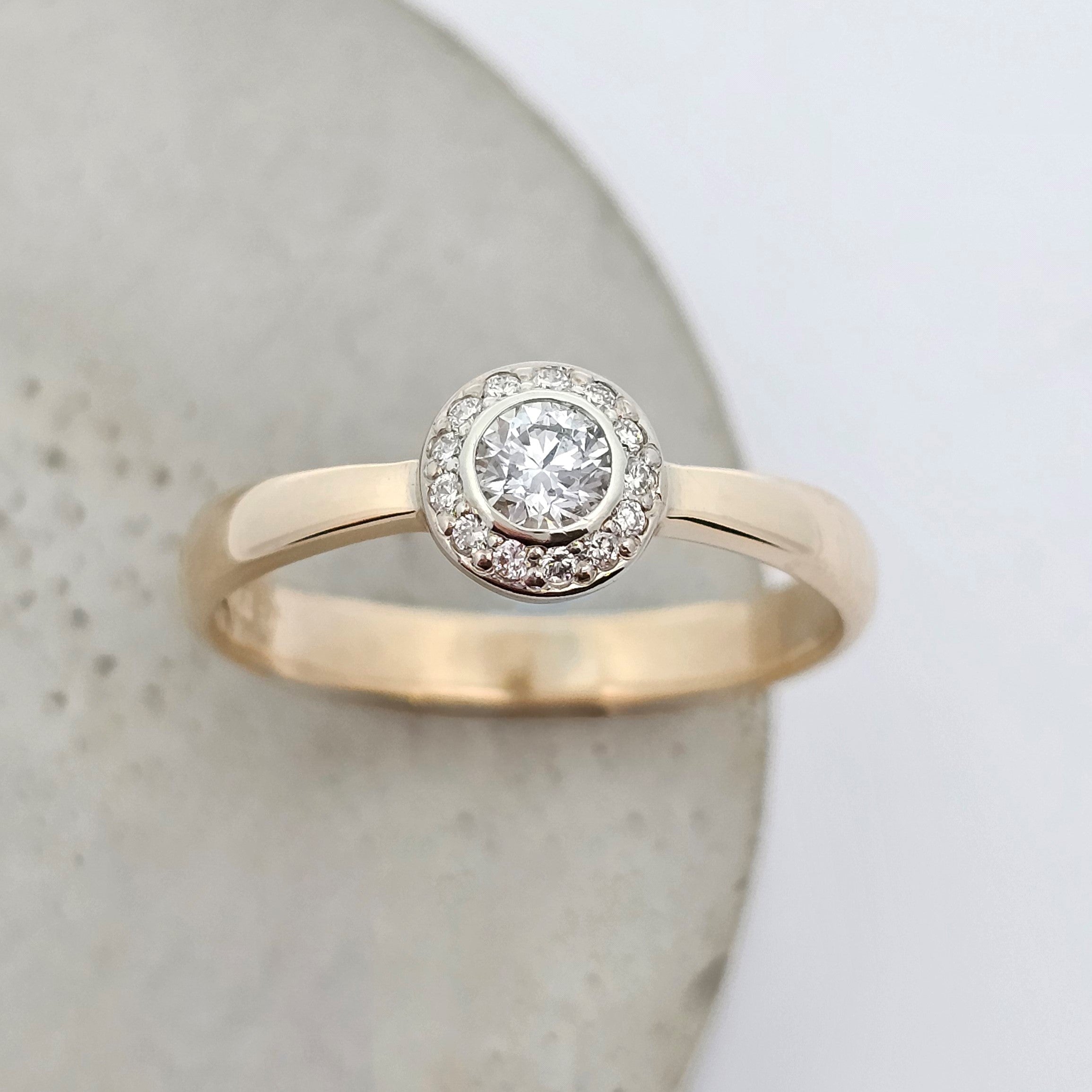 yellow and white gold dainty diamond cluster engagement ring