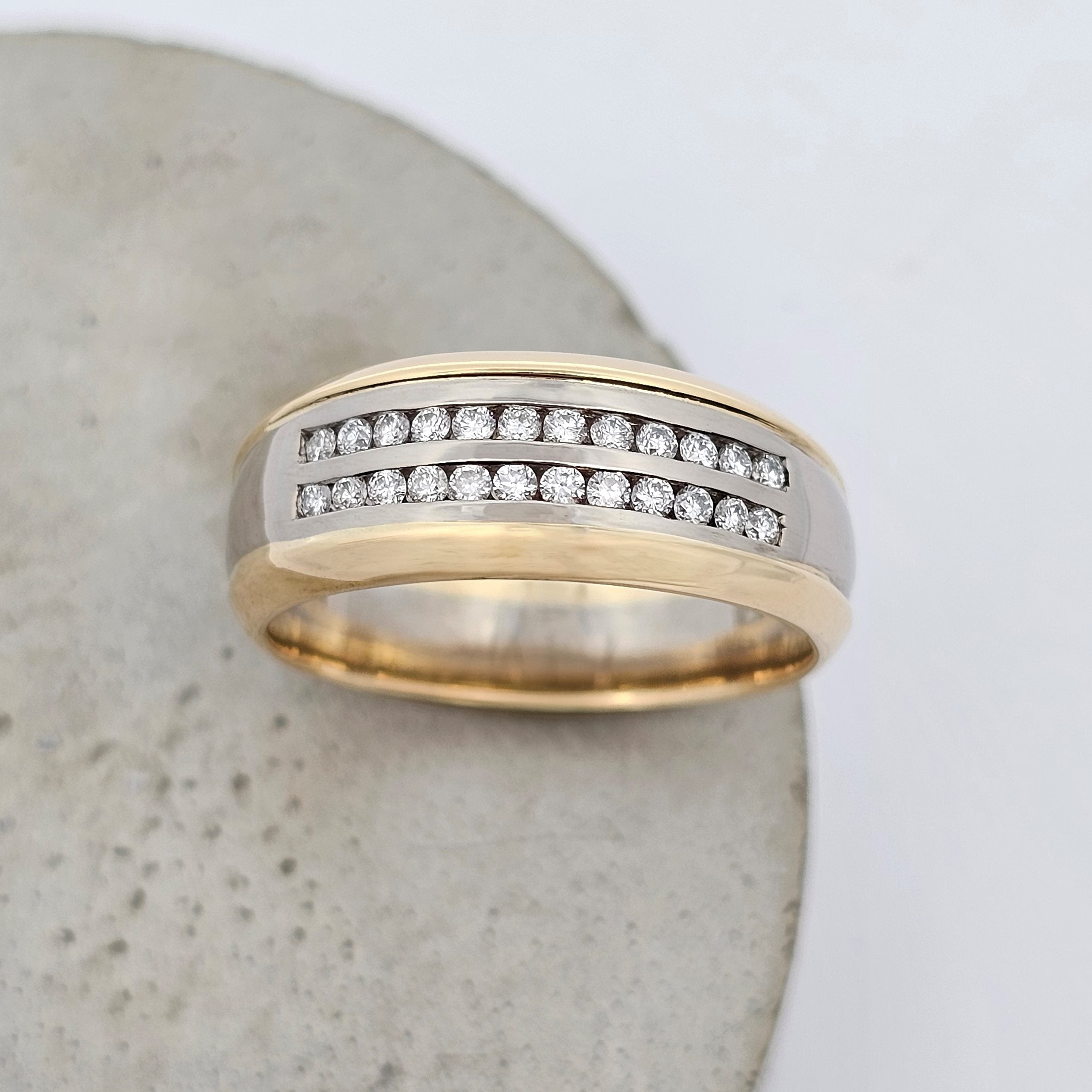 18ct yellow and white gold diamond channel set wedding ring 
