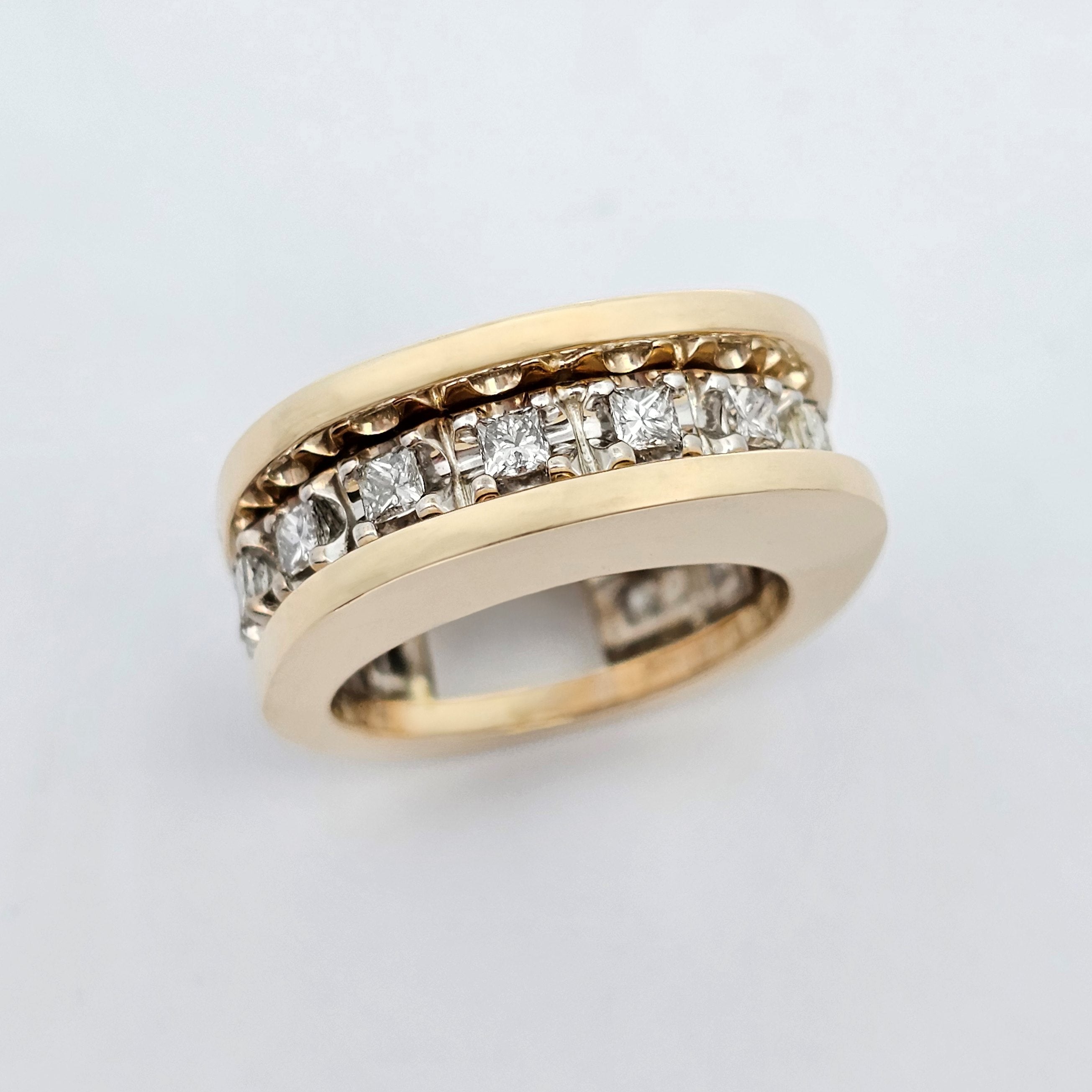yellow and white gold unique princess cut claw set diamond ring