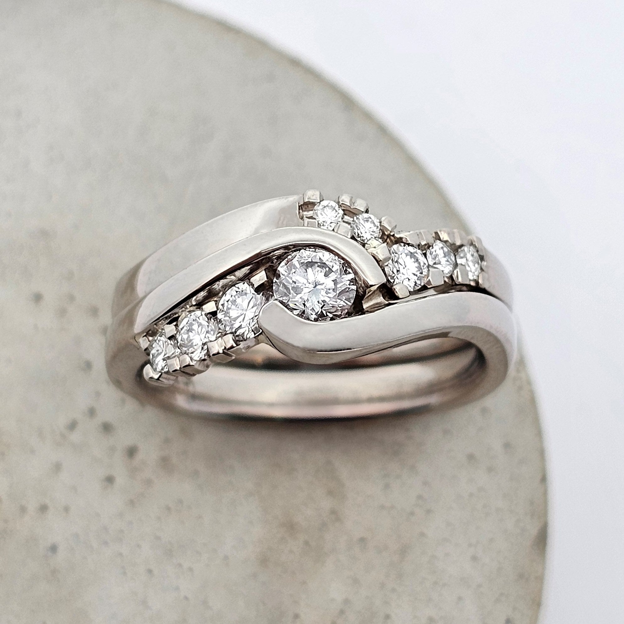 white gold shaped fitted diamond engagement and wedding ring set 