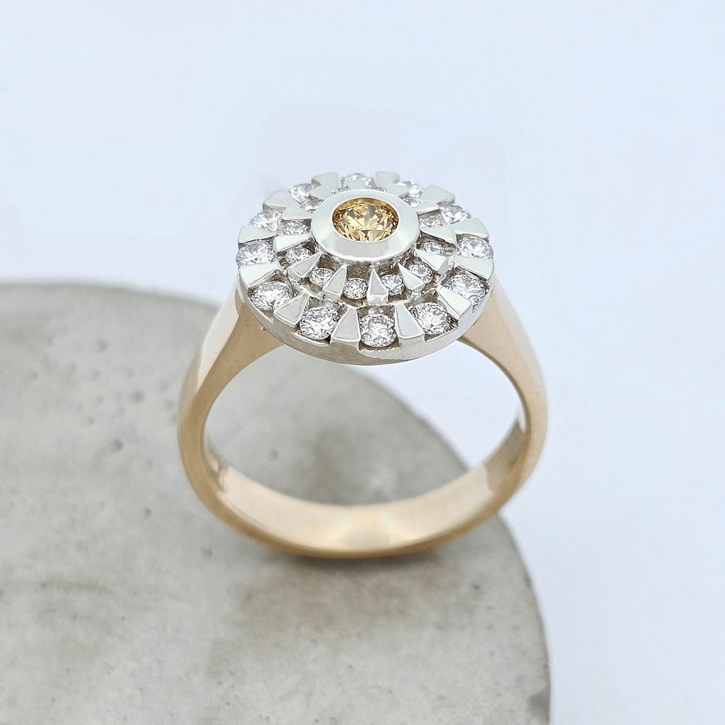 9ct yellow and white gold tiered yellow and white diamond cluster ring 