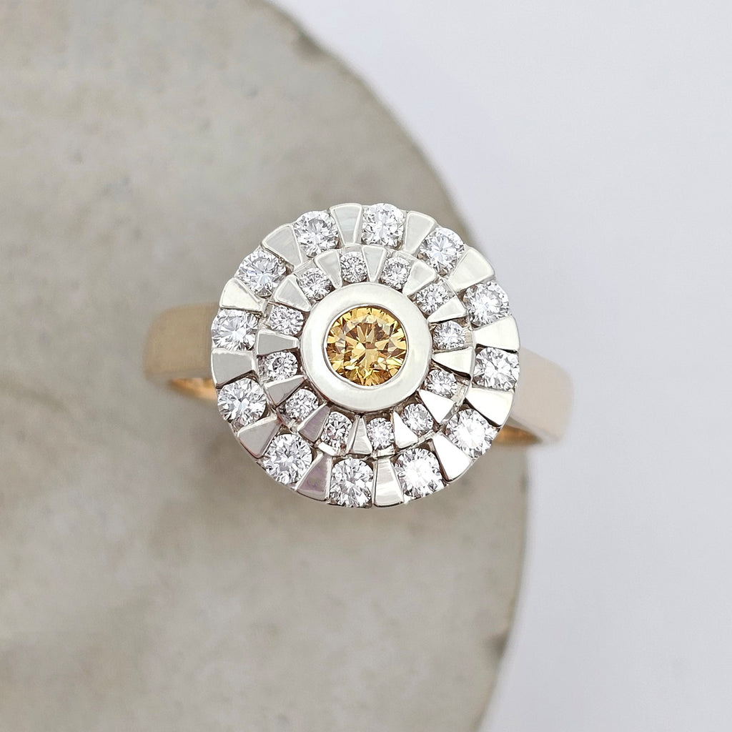 9ct yellow and white gold tiered yellow and white diamond cluster ring 