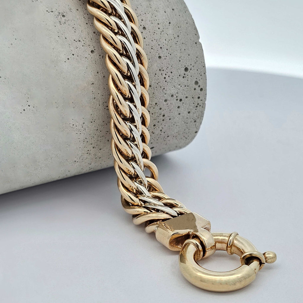 yellow and white gold handmade heavy celtic weave wheatsheaf bracelet with large bolt ring catch