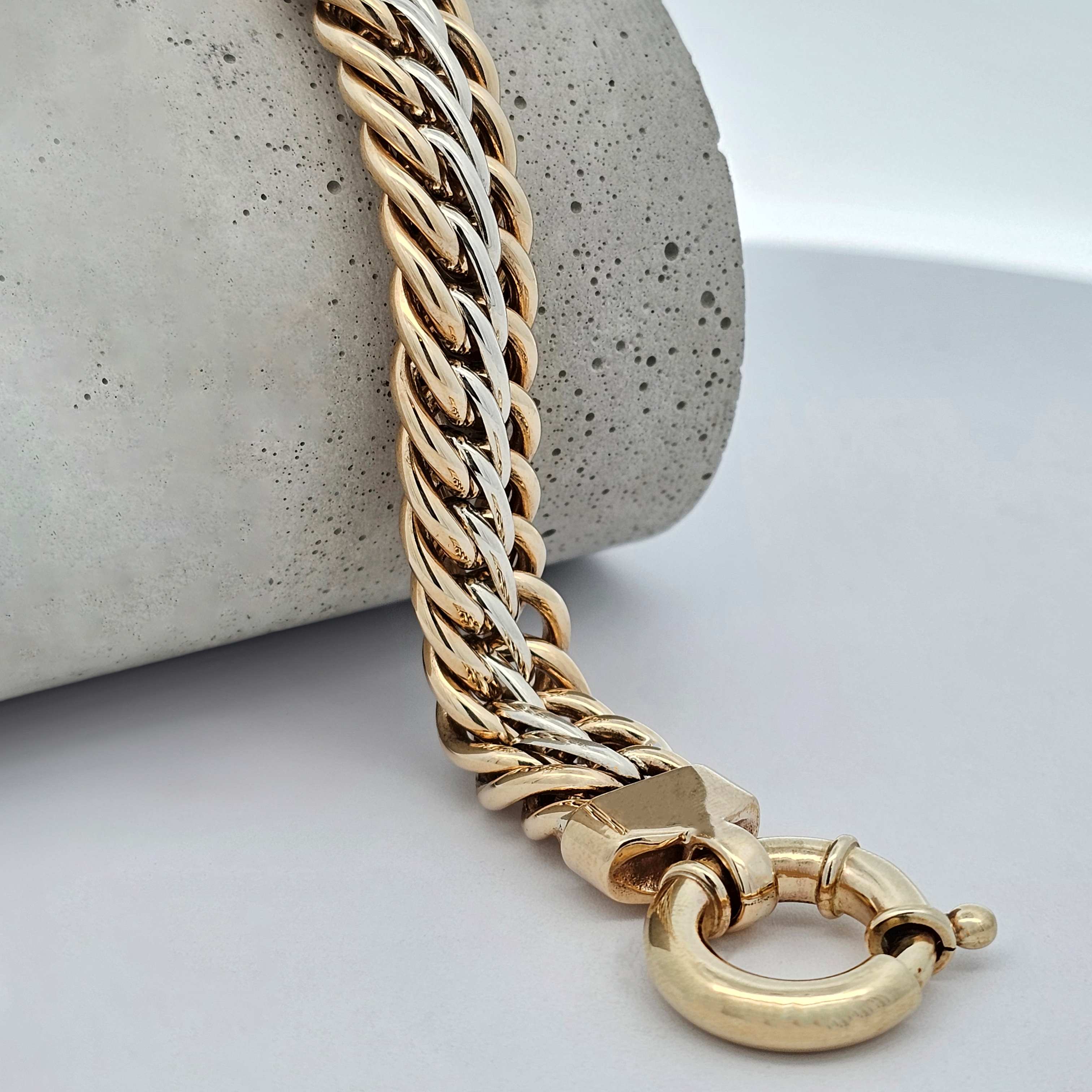 yellow and white gold handmade heavy celtic weave wheatsheaf bracelet with large bolt ring catch