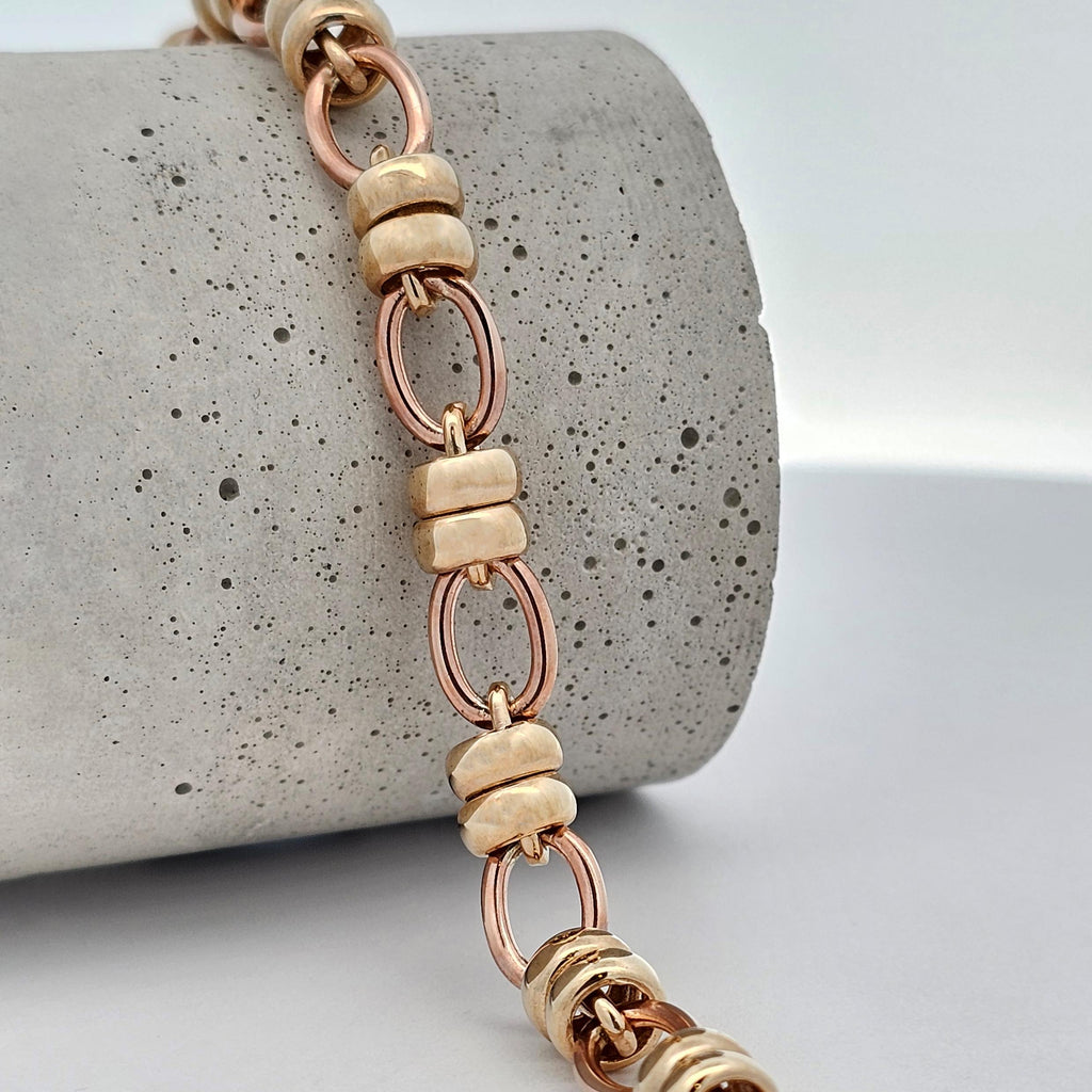 rose and yellow gold unique belcher link bracelet
