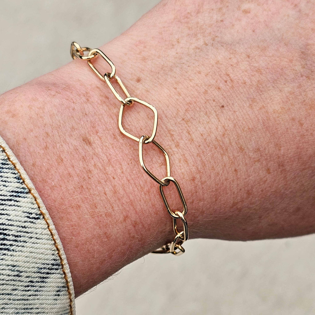 yellow gold geometric link bracelet  on wrist 