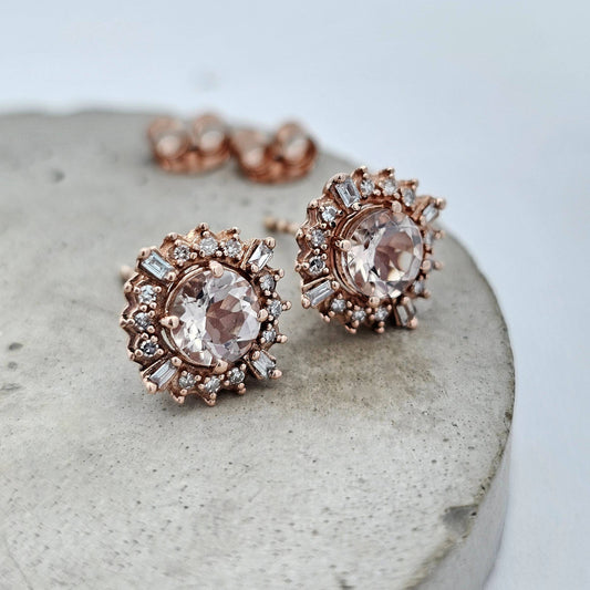 9ct rose gold morganite and diamond stud earrings