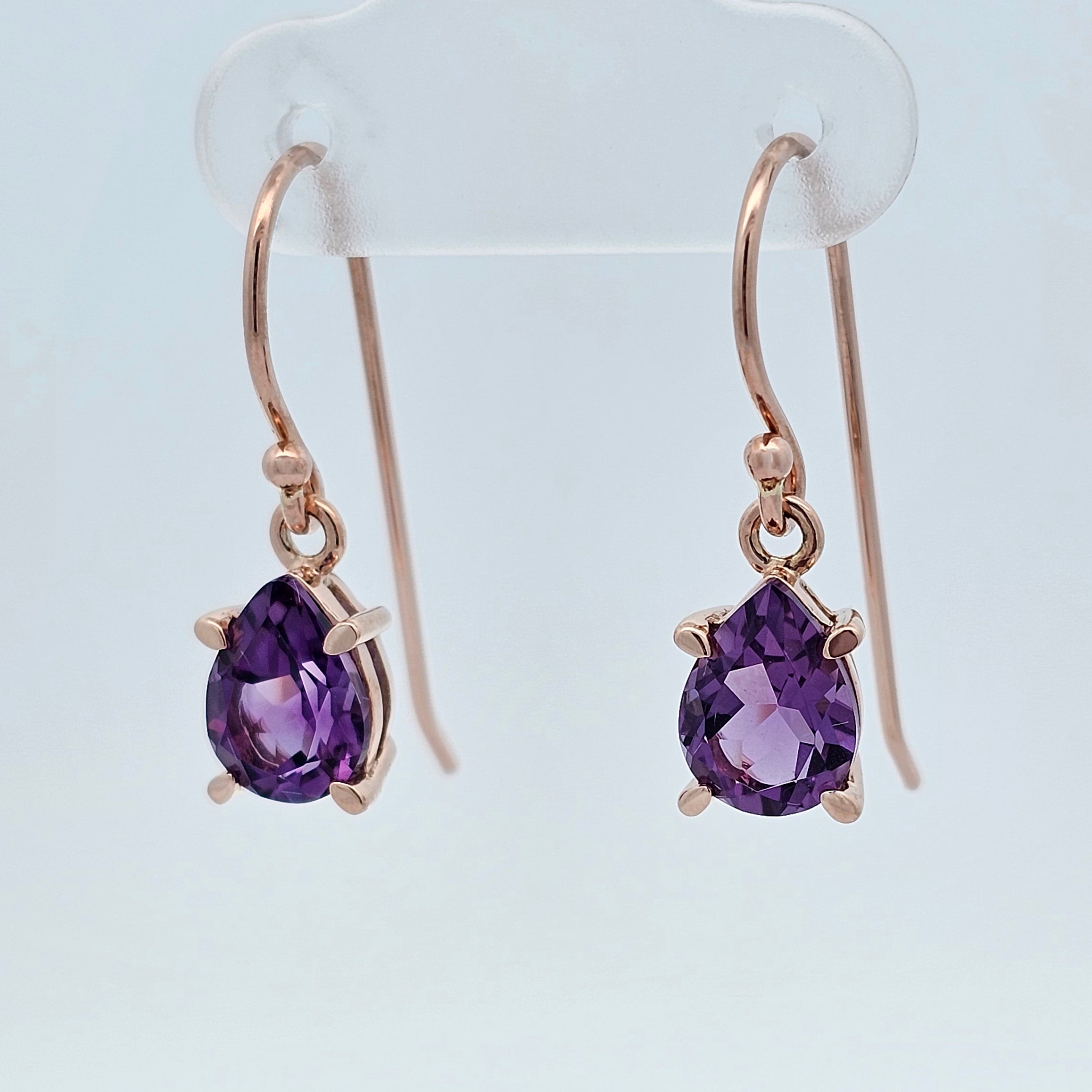 rose gold pear drop amethyst threaded hook earrings