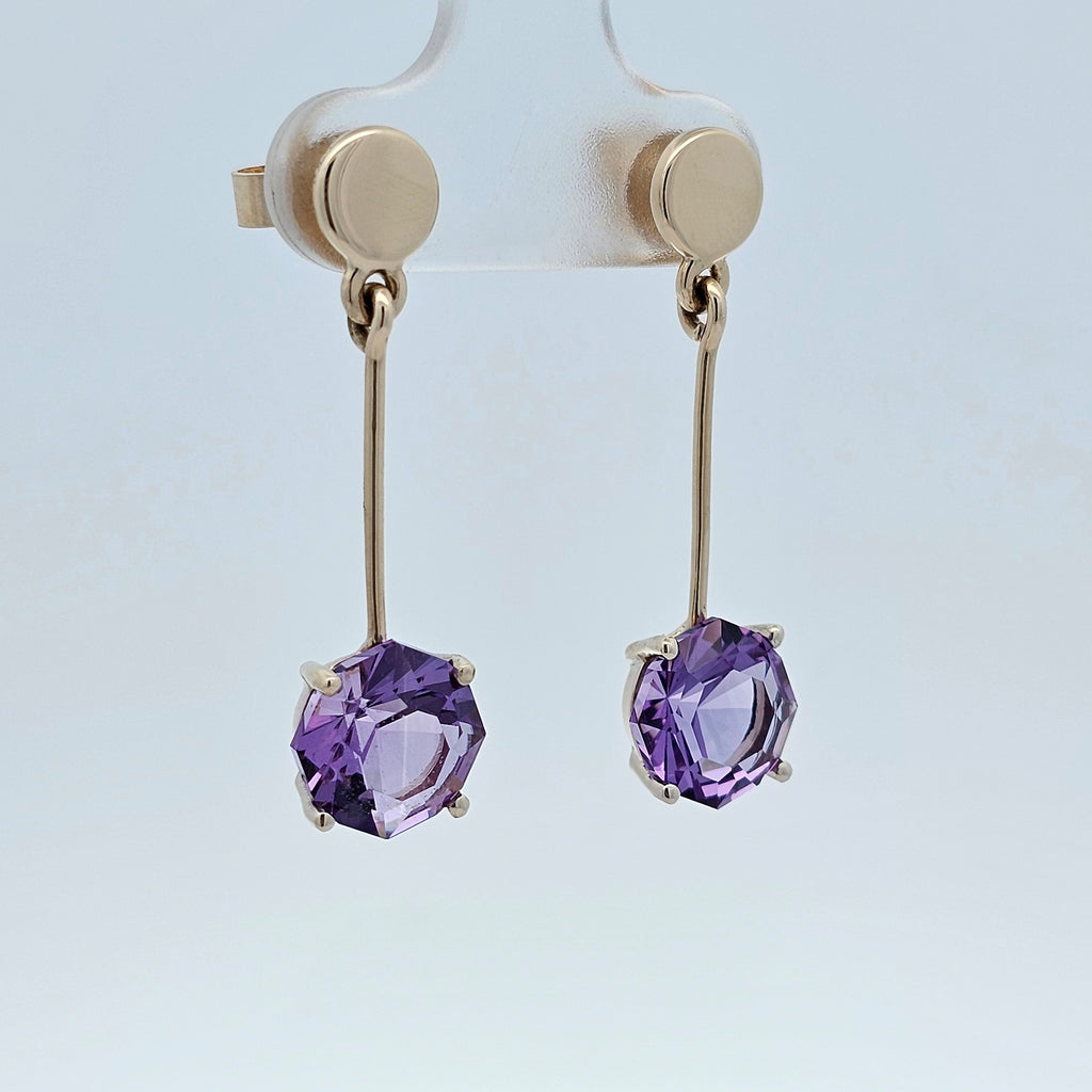 9ct yellow gold drop earrings set with hexagon amethyst 