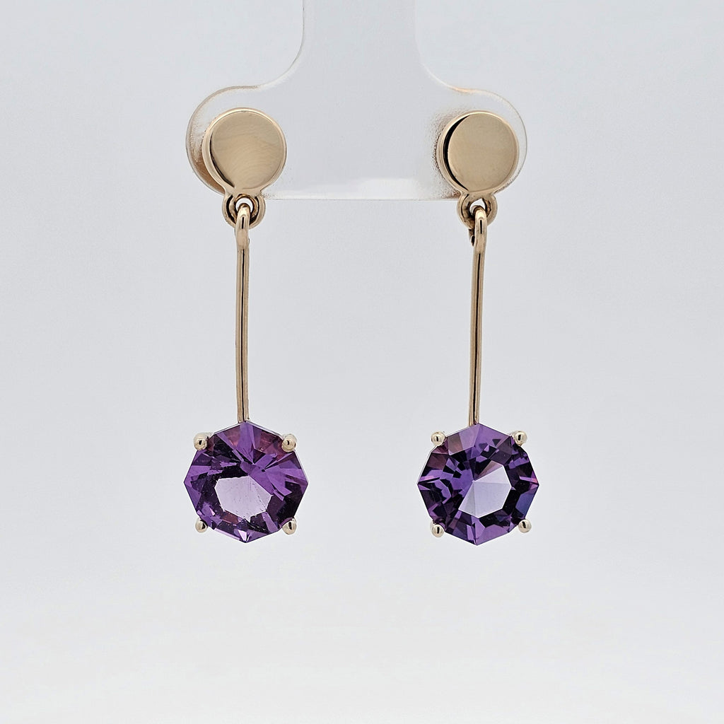 9ct yellow gold drop earrings set with hexagon amethyst 