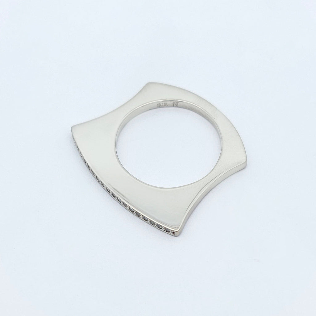 9ct white gold square fan shaped ring with a fine line of bead set bright white diamonds.