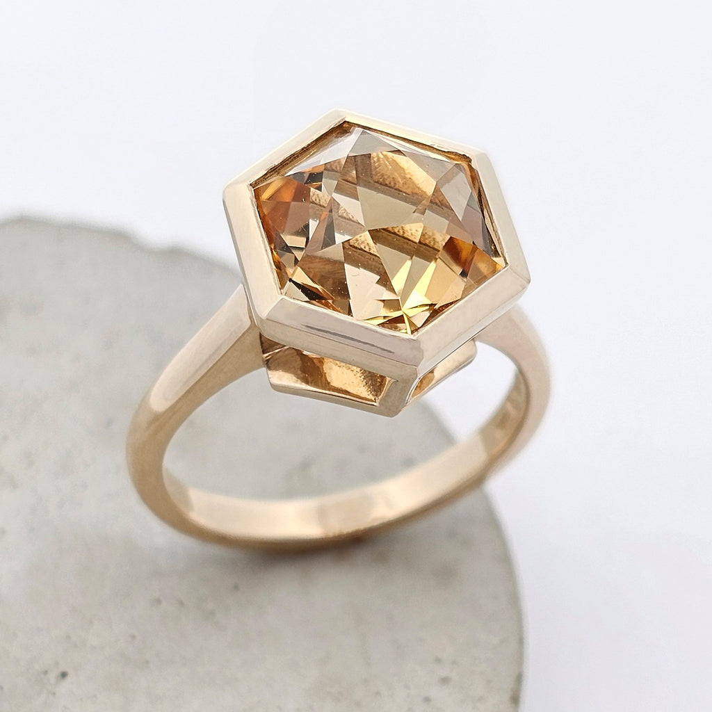 yellow gold unique hexagon star citrine ring 