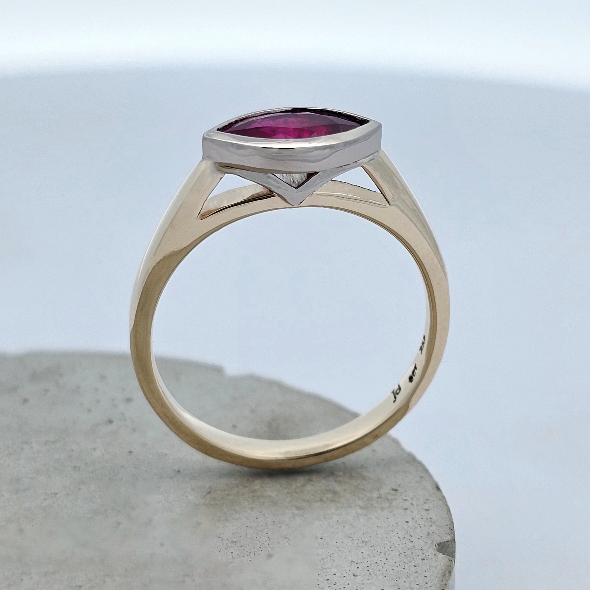 yellow and white marquise-cut Mozambique ruby set in a modern wedding anniversary engagement ring 