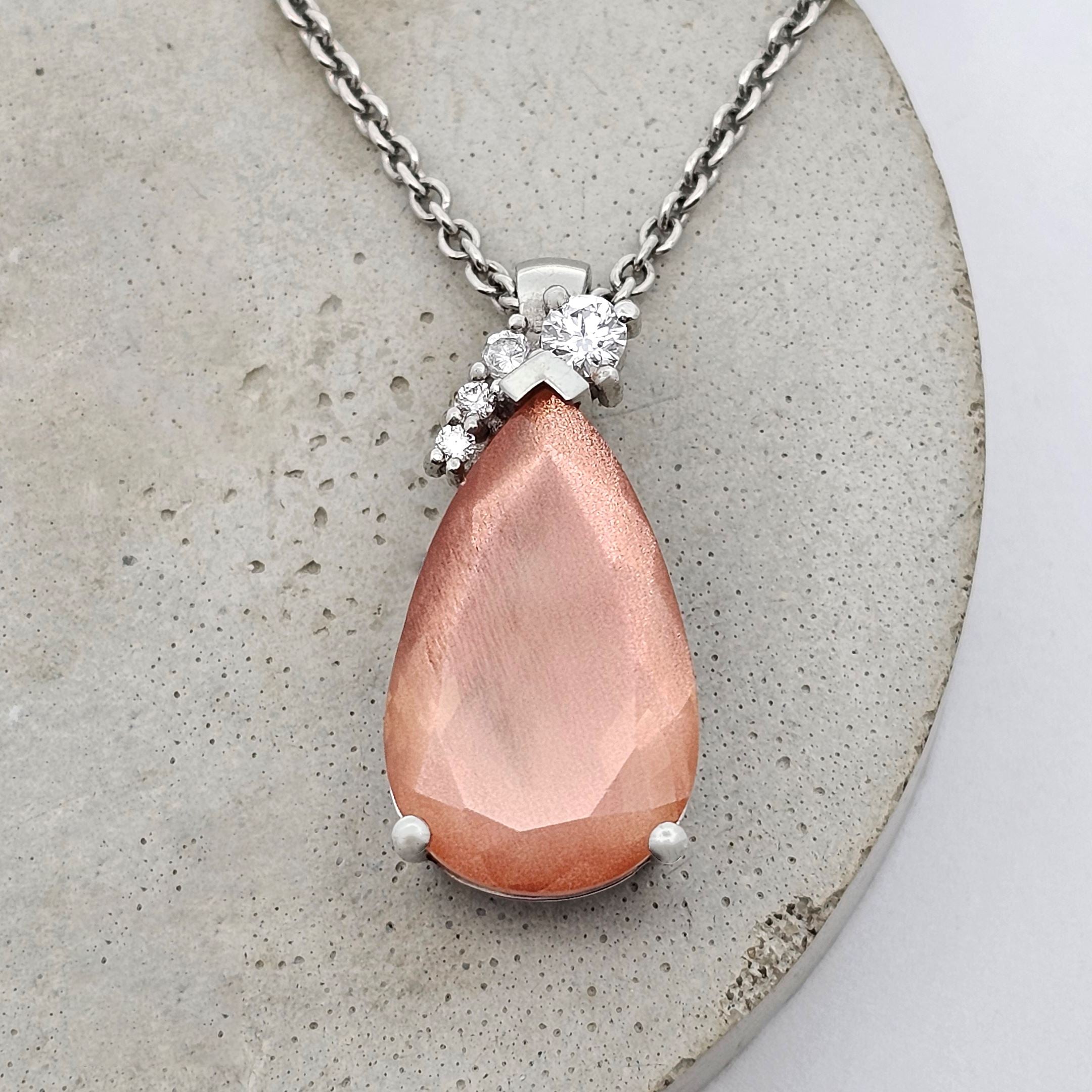 platinum rare South Indian peach sunstone pendant with diamond accents 