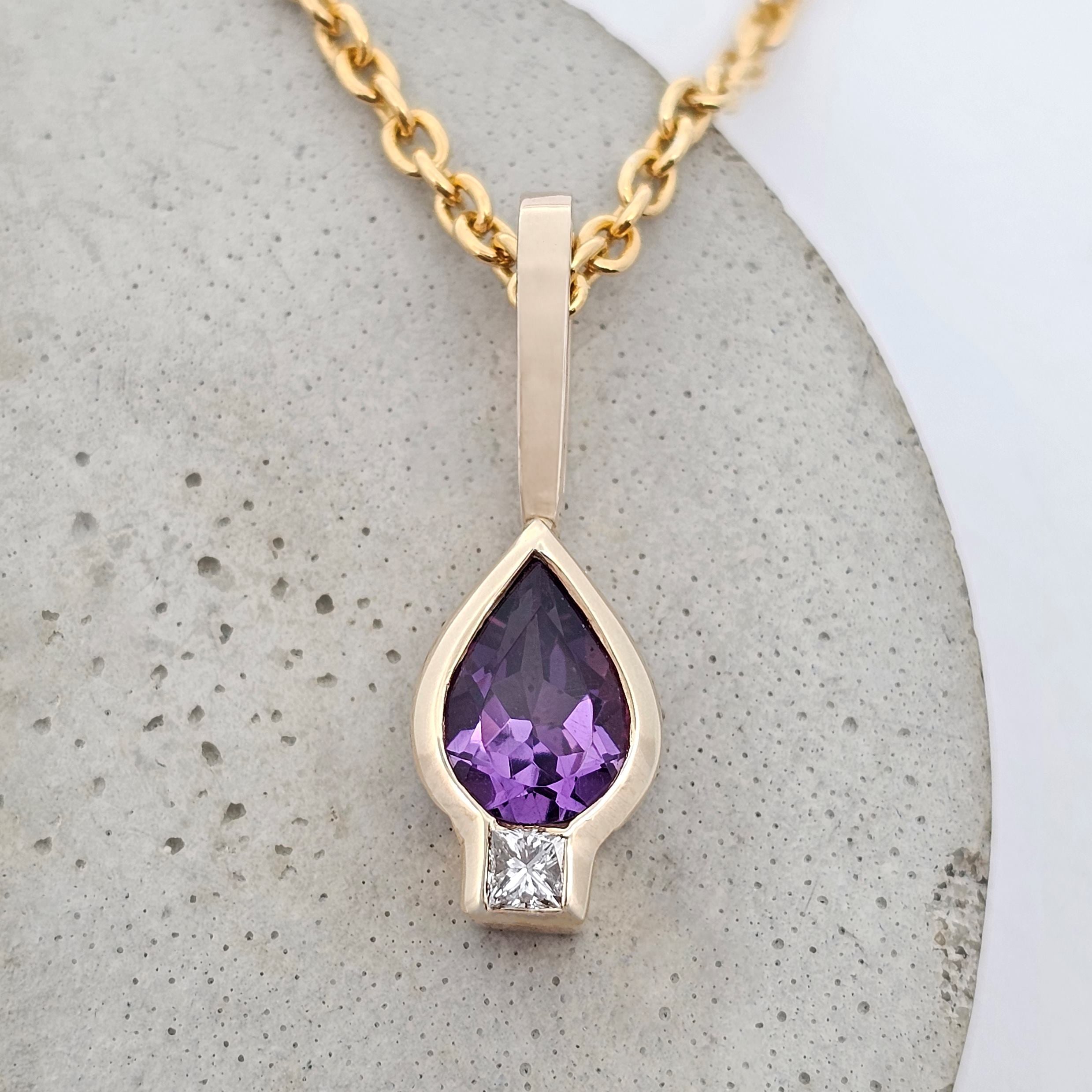 yellow gold pear amethyst and diamond drop pendant