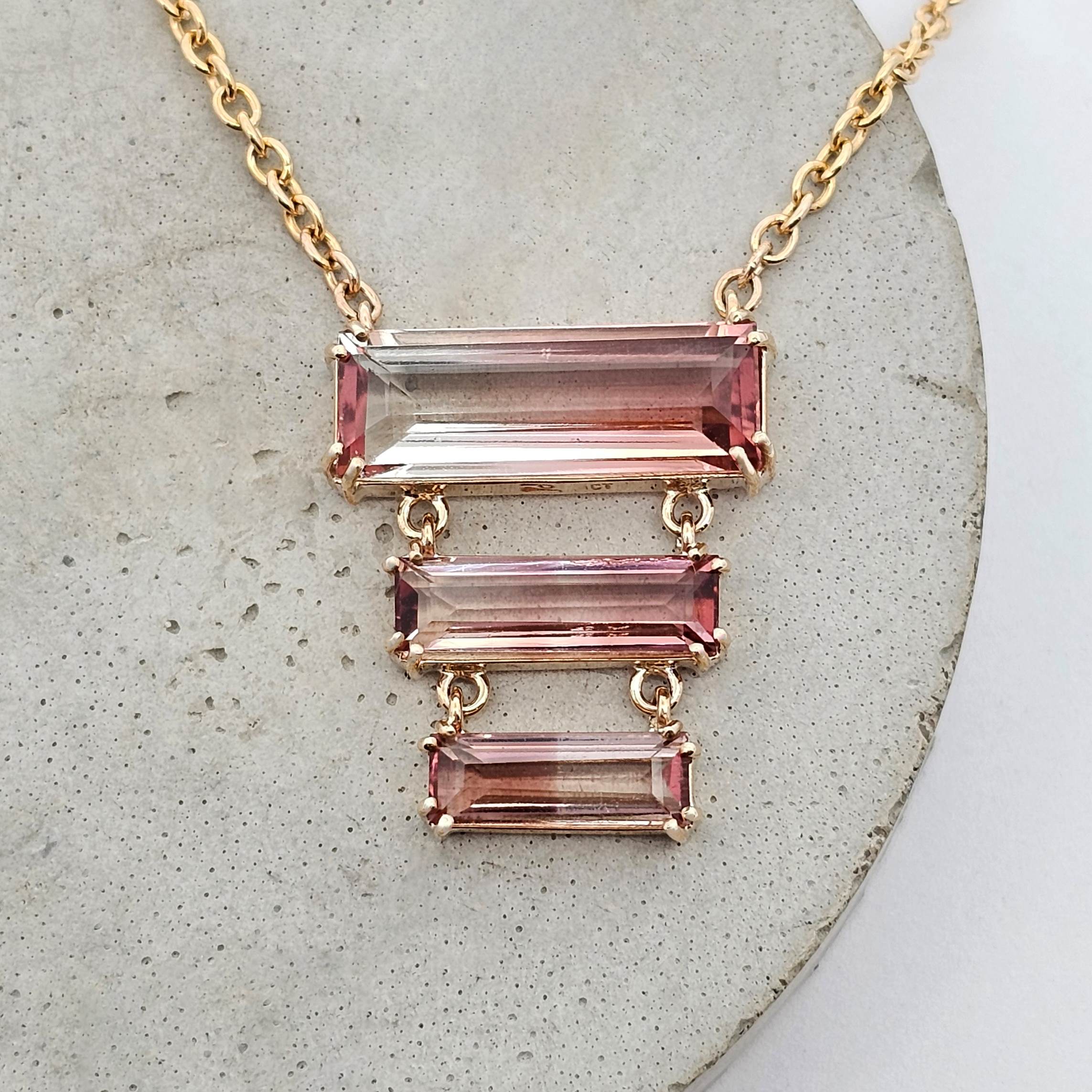 yellow gold tiered watermelon rainbow baguette tourmaline necklace
