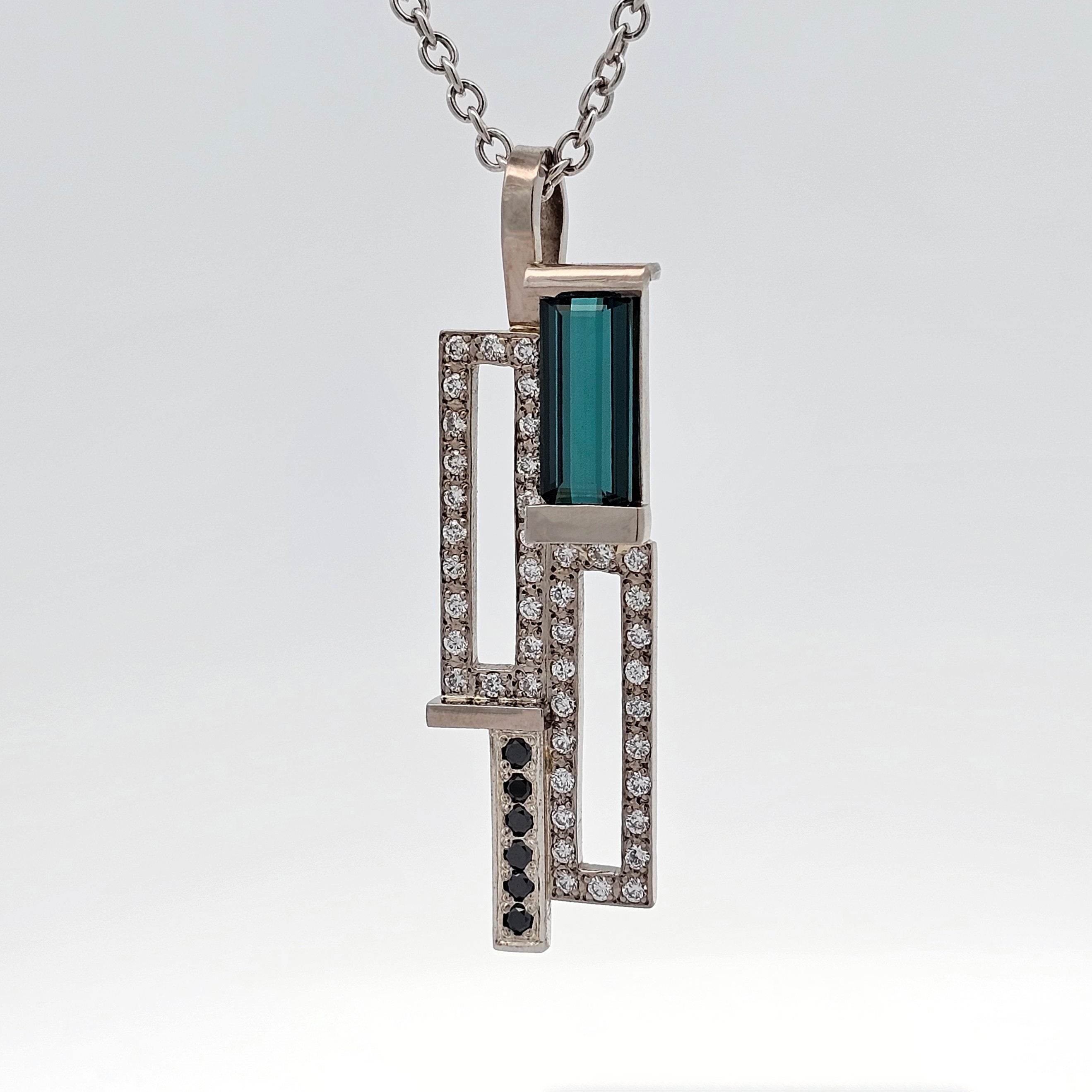 white gold black and white diamond baguette indicolite blue tourmaline art deco pendant 