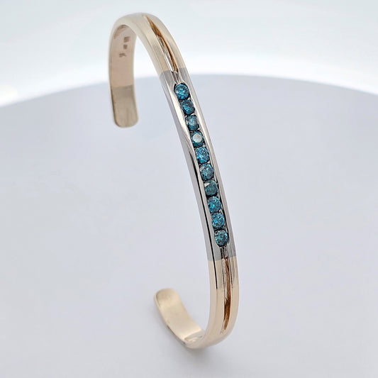 yellow and white gold channel set blue ocean sea diamond one carat fitted cuff bangle